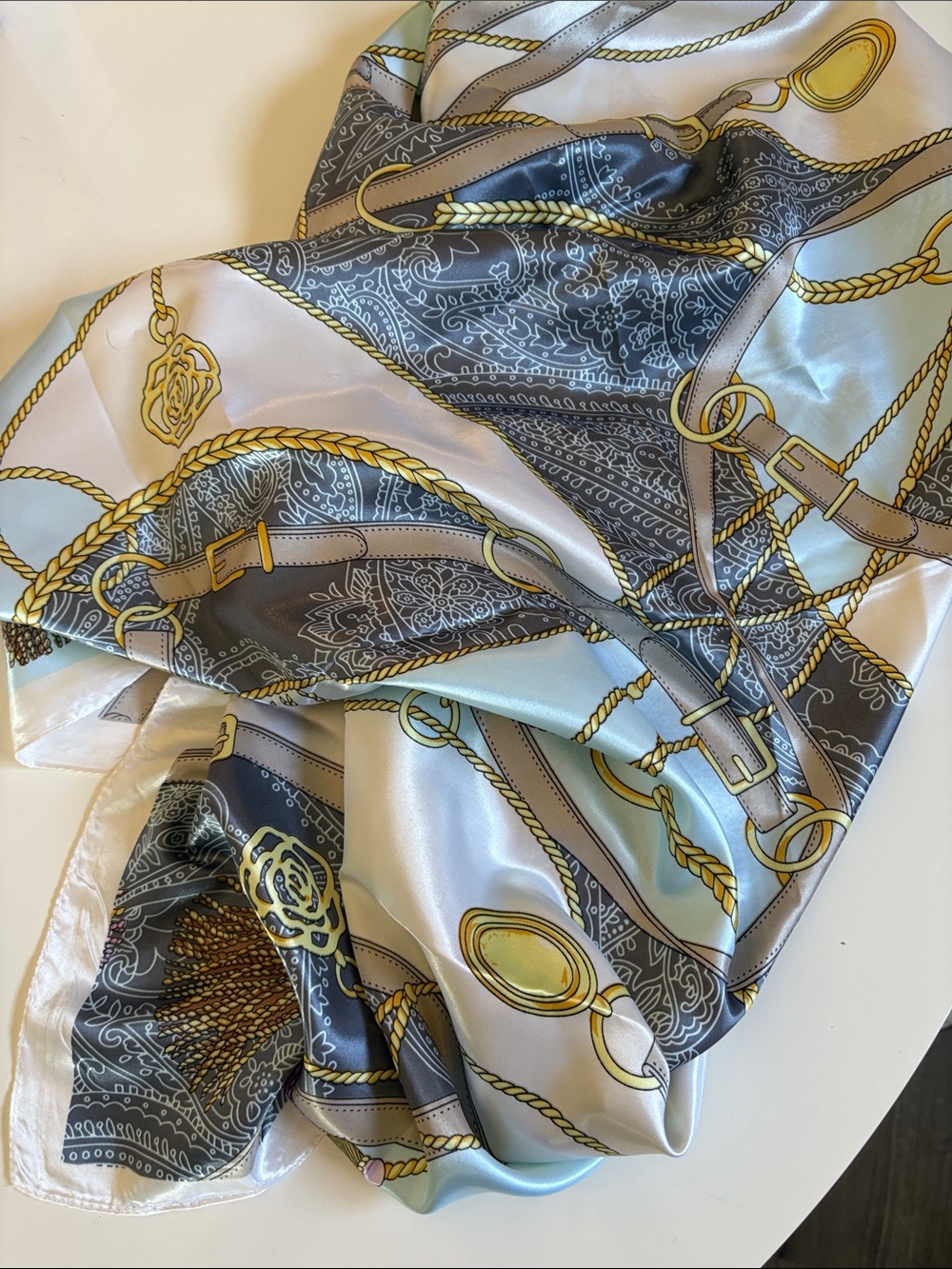 Silk-Feel Scarf with Gold Rope & Buckle Print - Light Blue and Gray
